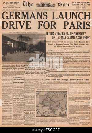 1940 die Sonne (New York) Titelseite Berichterstattung Bundeswehr fährt nach Paris Stockfoto