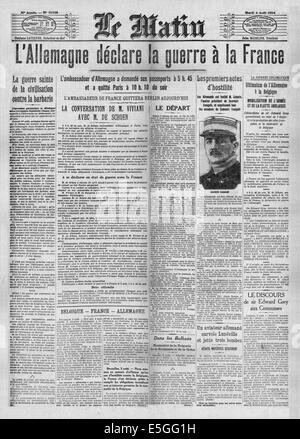 1914 New York Times Titelseite Berichterstattung der Kriegserklärung an Frankreich durch Deutschland Stockfoto