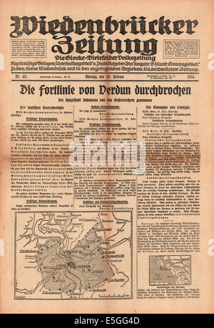 Wiedenbrucke Zeitung (Deutschland) Titelseite Berichterstattung Schlacht von Verdun zwischen den deutschen und französischen Armeen Stockfoto