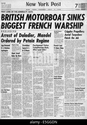 1940 New York Post Front Seite fälschlicherweise Berichterstattung der Versenkung des französischen Schlachtschiffs Richelieu am Hafen von Dakar, Französisch-Westafrika Stockfoto