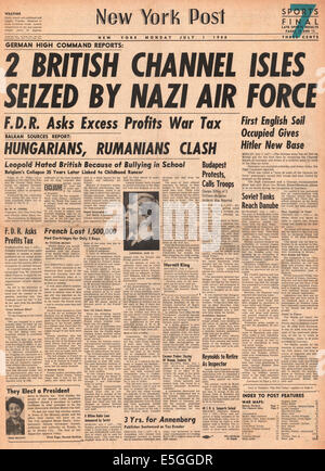 1940 New York Post Titelseite fälschlicherweise Berichterstattung deutscher Kräfte nutzen, Kanalinseln Guernsey und Jersey Stockfoto