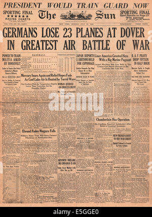 1940 der Sonne (New York) Titelseite Berichterstattung Luftschlacht um England und RAF & Luftwaffe Schlachten über Dover Stockfoto