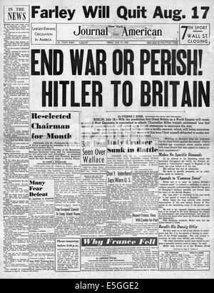 1940 New York Journal-American Titelseite berichtet Adolf Hitlers Reichstag Rede ansprechend nach Großbritannien, um Vernunft und Ende des Krieges zu sehen Stockfoto