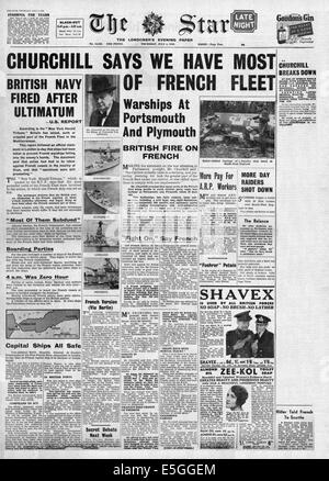 1940 der Sterne (London) Titelseite Berichterstattung französische Marine angegriffen durch die Royal Navy bei Oran (Mers-el-Kebir) Stockfoto