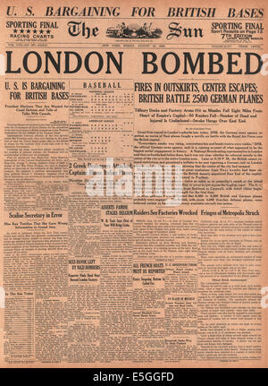 1940 die Sonne (New York) Front Seite Berichterstattung Luftwaffe Bombardierung Überfall auf London Stockfoto