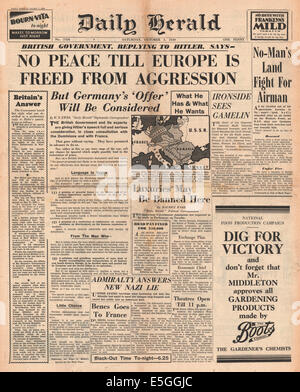 1939 daily Herald Titelseite Berichterstattung britische Regierung betrachten Friedensangebot Deutschlands aber fordert ein Ende zu aggression Stockfoto