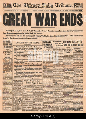 1918 Chicago Daily Tribune (USA) Titelseite Berichterstattung der Kapitulation Deutschlands und dem Ende des ersten Weltkriegs Stockfoto