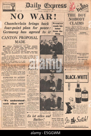 Im Gespräch mit Adolf Hitler 1938 daily Express Titelseite berichtet der britische Premierminister Neville Chamberlain Frieden Stockfoto