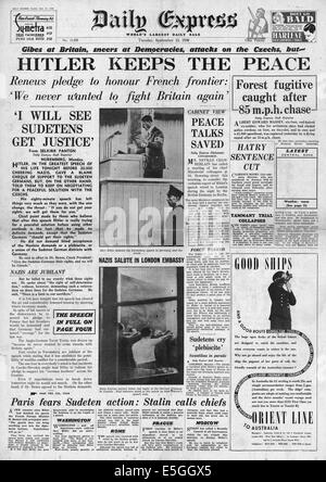 1938 daily Express Titelseite berichtet Adolf Hitlers Rede bietet eine friedliche Lösung Sudetenkrise Stockfoto