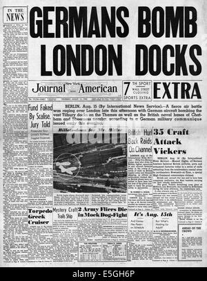 1940 New York Journal-American Titelseite Berichterstattung Luftwaffe Bombardierung Überfall auf London Stockfoto