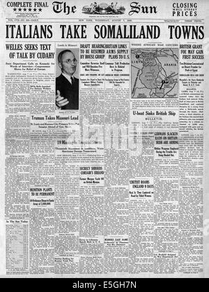 1940 die Sonne (New York) Titelseite Berichterstattung italienische Truppen dringen in Britisch-Somaliland und Ägypten Stockfoto