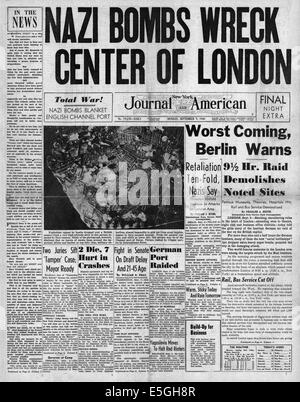 1940 New York Journal-American Titelseite Berichterstattung Luftwaffe Bombardierung Überfall auf London Stockfoto