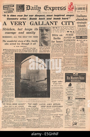 1940 daily Express Titelseite Berichterstattung Bombardierung von Coventry durch die deutsche Luftwaffe Stockfoto