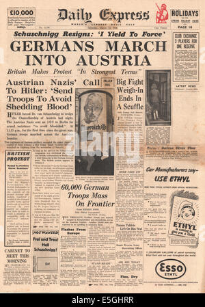 1938 daily Express Titelseite berichtende deutschen Truppen geben Sie Österreich Stockfoto