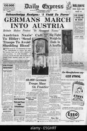 1938 daily Express Titelseite berichtende deutschen Truppen geben Sie Österreich Stockfoto