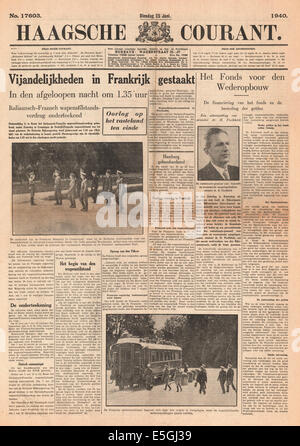 1940 Haagsche Courant (Niederlande) Titelseite Berichterstattung der Kapitulation Frankreichs an Nazi-Deutschland in Compiègne Stockfoto