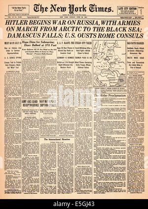 1941 dringt in New York Times (USA) Titelseite Berichterstattung von Nazi-Deutschland, Sowjetunion Stockfoto