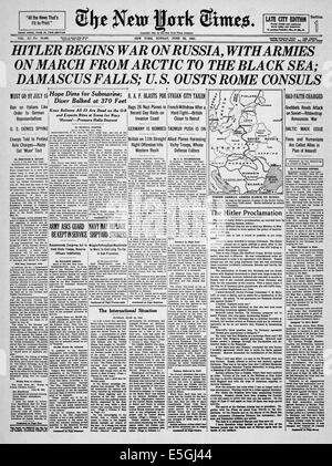 1941 dringt in New York Times (USA) Titelseite Berichterstattung von Nazi-Deutschland, Sowjetunion Stockfoto