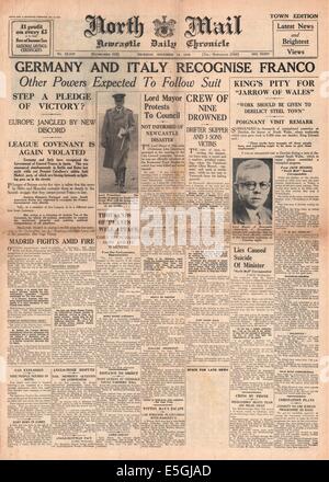 1936 North Mail (Newcastle) Titelseite Berichterstattung, Deutschland und Italien erkennen die Regierung von General Franco in Spanien Stockfoto