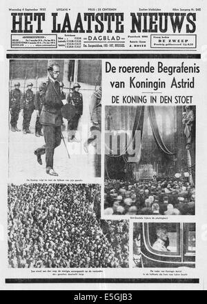 1935 Het Laatste Nieuws (Belgien) Titelseite Berichterstattung der Beerdigung von Königin Astrid von Belgien Stockfoto