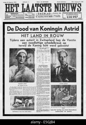 1935 Het Laatste Nieuws (Belgien) Titelseite der Tod bei einem Autounfall von Königin Astrid von Belgien Stockfoto