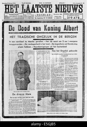 1935 Het Laatste Nieuws (Belgien) Titelseite der Tod von König Albert i. von Belgien Stockfoto