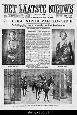 1934 Het Laatste Nieuws (Belgien) Titelseite Berichterstattung der Krönung von König Leopold III und Königin Astrid von Belgien Stockfoto