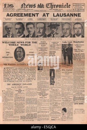 1932 News Chronicle Titelseite Berichterstattung Vereinbarung erreicht bei der Konferenz von Lausanne Stockfoto