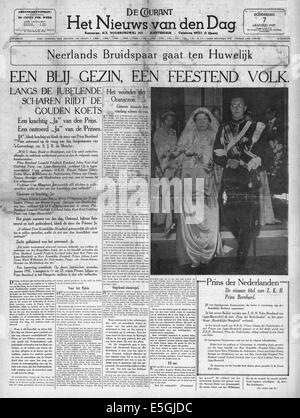 1937 de Courant (Holland) Titelseite Berichterstattung der Hochzeit von Prinzessin Juliana der Niederlande und Prinz Bernhard in den Haag, Niederlande Stockfoto