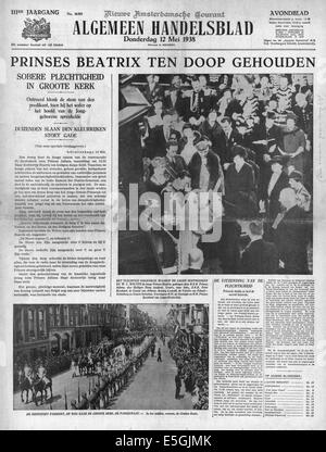 1938 getauft Algemeen Handelsblad (Holland) Titelseite Berichterstattung Prinzessin Beatrix der Niederlande Stockfoto