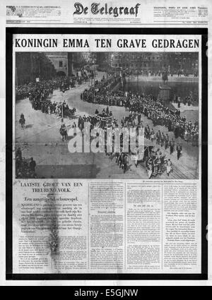 1934 de Telegraaf (Niederlande) Titelseite Berichterstattung der Beerdigung von Königin Emma der Niederlande Stockfoto