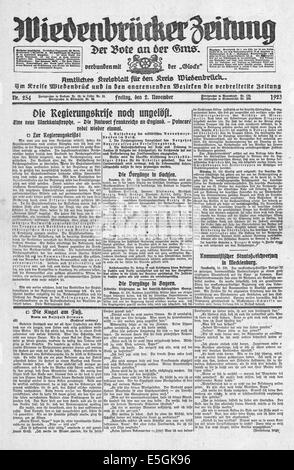 Wiedenbrucke Zeitung (Deutschland) Titelseite Überschrift "Regierungskrise noch ungelöst" führt zu den Münchner Putsch von Adolf Hitler und die Nationalsozialisten Stockfoto