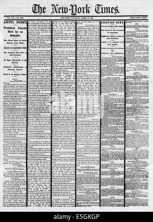 1865 New York Times Titelseite Berichterstattung der Ermordung von Präsident Abraham Lincoln von John Wilkes Booth im Ford Theater in Washington D.C. Stockfoto