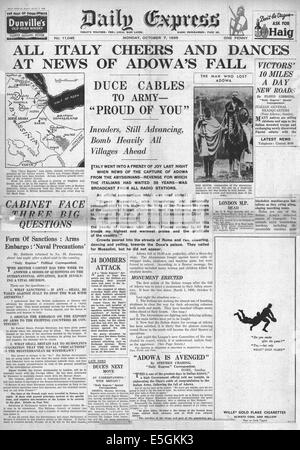 1935 News Chronicle Titelseite Berichterstattung Herbst Adowa, italienische Kräfte im abessinischen Krieg Stockfoto