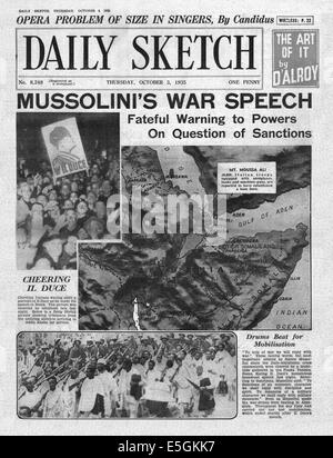 1935 daily Sketch Titelseite Berichterstattung Benito Rede nach dem italienischen Angriff auf Abessinien Stockfoto