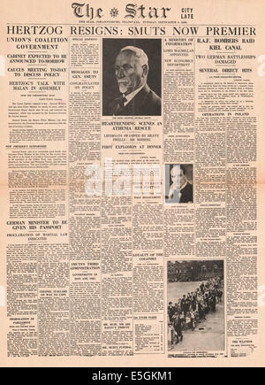 1939 die Sterne (Johannesburg)-Titelseite Berichterstattung den Rücktritt von General Hertzog und General Smuts ernannt neue südafrikanische Premierminister Stockfoto