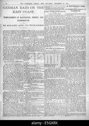 1914-Yorkshire wöchentliche Post-Seite Berichterstattung der Bombarbment von Scarborough, Hartlepool & Whitby durch Kreuzer der Kriegsmarine Stockfoto