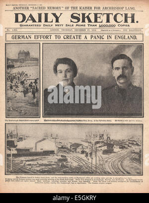 1914 daily Sketch Titelseite Berichterstattung der Bombarbment von Scarborough, Hartlepool & Whitby durch Kreuzer der Kriegsmarine Stockfoto