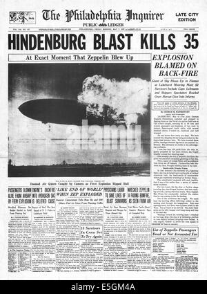 1937 Philadelphia Inquirer (USA) Titelseite Berichterstattung der Hindenburg Zeppelin Katastrophe in Lakehurst, New Jersey Stockfoto