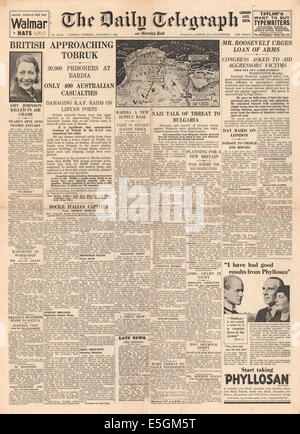 1941 daily Telegraph Titelseite berichtet, dass Amy Johnson bei Flugzeugabsturz getötet Stockfoto