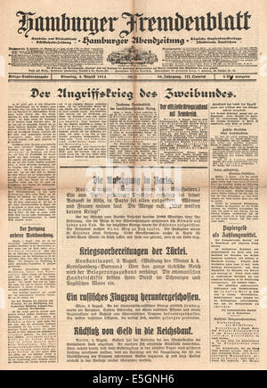 1914 Hamburger Fremdenblatt Titelseite Berichterstattung "Aggressiven Krieg der zwei Staaten" (Frankreich und Russland) Stockfoto