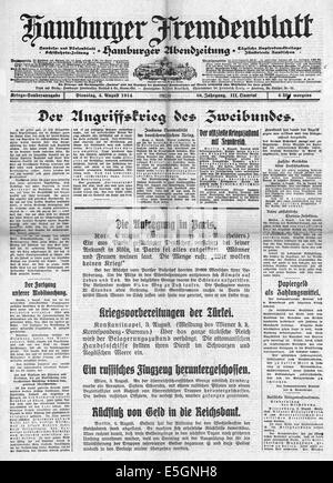 1914 Hamburger Fremdenblatt Titelseite Berichterstattung "Aggressiven Krieg der zwei Staaten" (Frankreich und Russland) Stockfoto