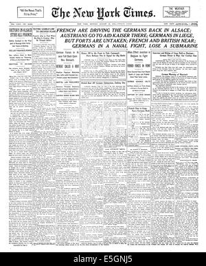 1914 zwingt New York Times Titelseite Berichterstattung Französisch Beschlagnahme Müllhausen im Elsass Stockfoto