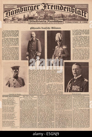 1914 Hamburger Fremdenblatt Titelseite zeigt deutsche Kommandeure Von Tirpitz, Von Moltke, Von Ingenohl und Von Falkenhayn Stockfoto