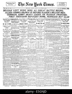 1914 New York Times Titelseite allgemeiner Krieg Berichterstattung Stockfoto