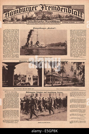 1914 Hamburger Fremdenblatt Titelseite zeigt deutsche Schlachtkreuzer Goeben und belgische Kriegsgefangene in Deutschland Stockfoto