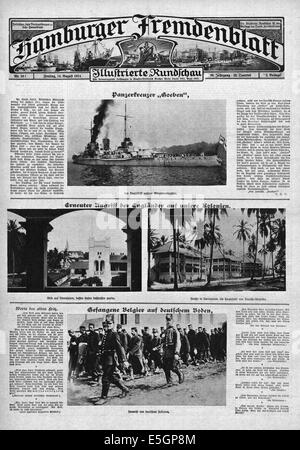 1914 Hamburger Fremdenblatt Titelseite zeigt deutsche Schlachtkreuzer Goeben und belgische Kriegsgefangene in Deutschland Stockfoto