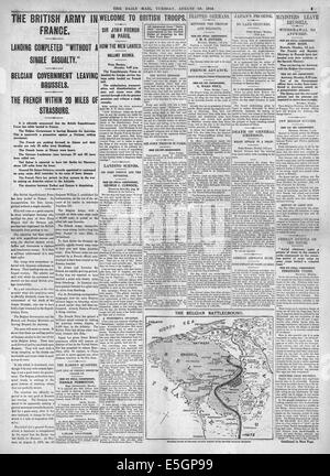 1914 daily Mail Seite 5 Berichterstattung britische Expiditionary Kraft landet in Frankreich Stockfoto