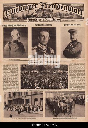 1914 Hamburger Fremdenblatt Titelseite zeigt l, r. Herzog Albrecht von Württemberg, Kronprinz Wilhelm und General Feldmarschall Freiherr von der Goltz Stockfoto