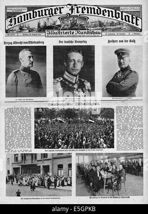 1914 Hamburger Fremdenblatt Titelseite zeigt l, r. Herzog Albrecht von Württemberg, Kronprinz Wilhelm und General Feldmarschall Freiherr von der Goltz Stockfoto